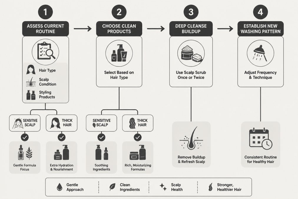 Flowchart showing 4-step transition process: Step 1 Assess Current Routine (check hair type, scalp condition, styling products) → Step 2 Choose Clean Products (select based on hair type) → Step 3 Deep Cleanse Buildup (use scalp scrub once or twice) → Step 4 Establish New Washing Pattern (adjust frequency and technique), with decision branches for sensitive scalp and thick hair
