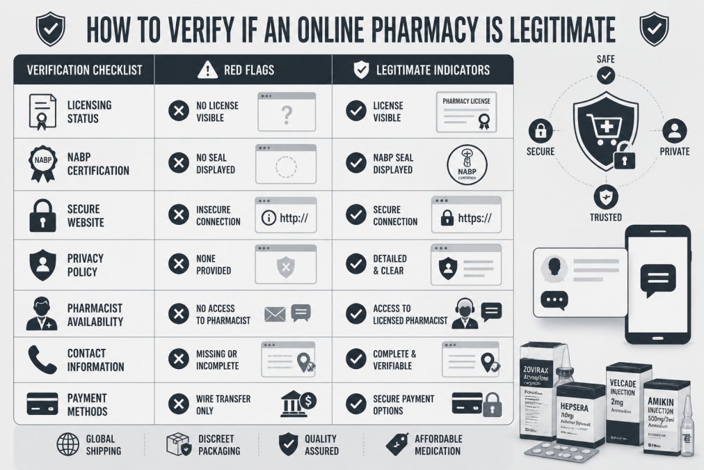 Verification checklist matrix showing red flags versus legitimate indicators: licensing status (red flag: no license visible vs. legitimate: NABP certified), NABP certification (red flag: no seal vs. legitimate: seal displayed), secure website (red flag: http:// vs. legitimate: https://), privacy policy (red flag: none provided vs. legitimate: detailed and clear), pharmacist availability (red flag: chat only vs. legitimate: phone and email), customer reviews (red flag: none or all 5-star vs. legitimate: mixed authentic reviews), prescription requirements (red flag: no prescription needed vs. legitimate: requires valid prescription)