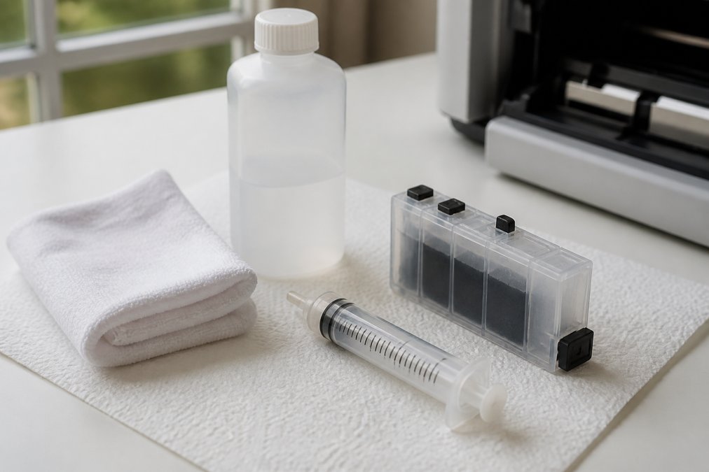 Organized workspace setup for cartridge maintenance showing lint-free cloth, isopropyl alcohol bottle, syringe, and refillable cartridge positioned on a clean white surface with protective paper underneath, natural window lighting