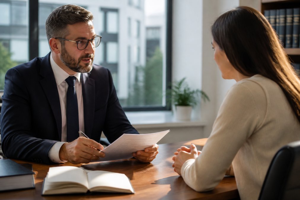Professional solicitor or legal advisor in an office reviewing case documents with a client across a desk, both discussing paperwork in a modern law setting