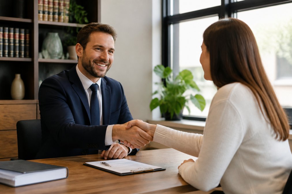 Client meeting with a new solicitor in a modern law office, shaking hands or discussing terms in a confident, professional setting with natural lighting