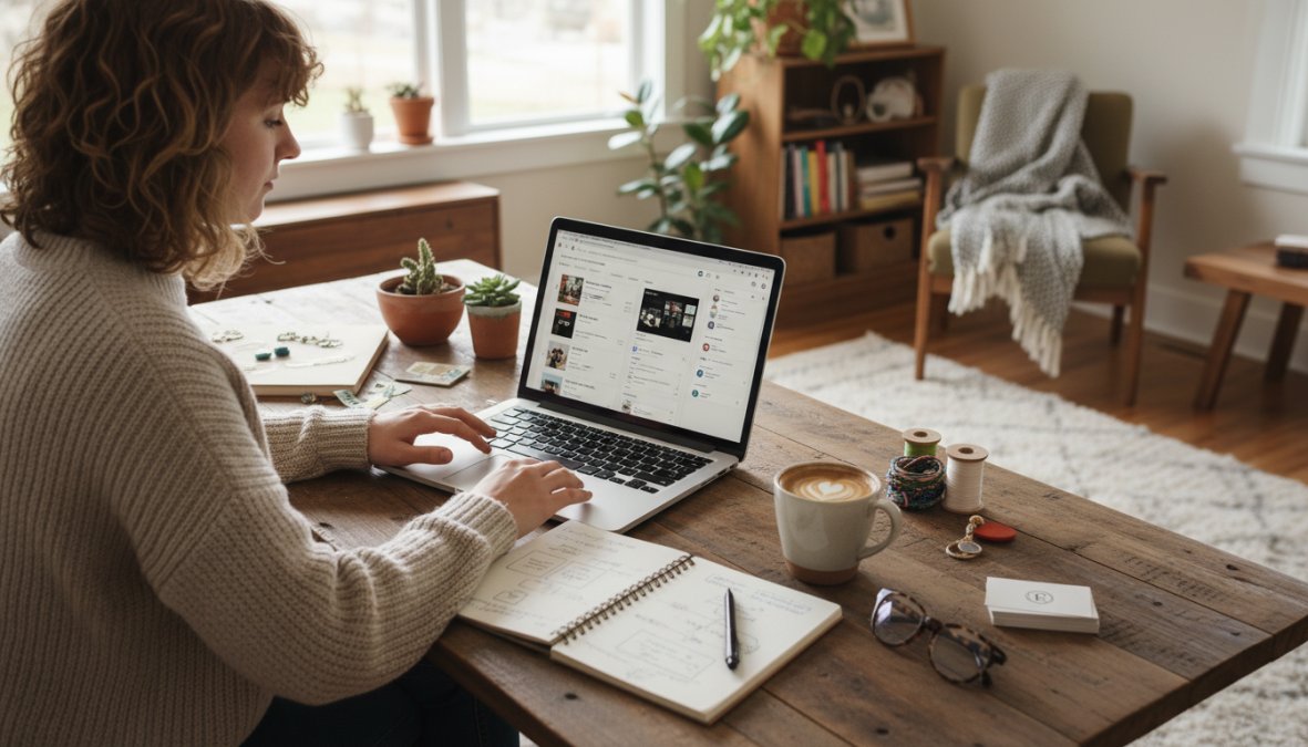 A person sitting at a wooden desk in a bright home office, laptop open showing an e-commerce dashboard with product listings, a notepad with handwritten notes and a coffee mug nearby, warm natural light from a window