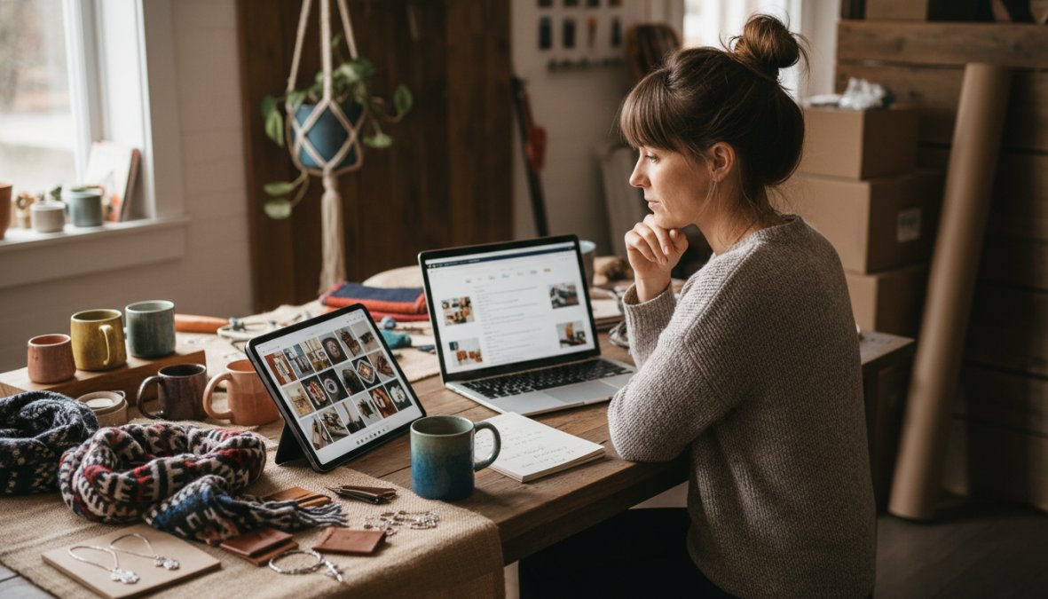 A small business owner sitting at a wooden table surrounded by handmade ceramic products, reviewing listings on a tablet propped next to an open laptop, warm afternoon light, focused and organized workspace
