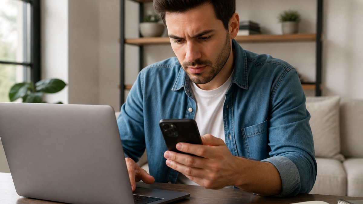 A person sitting at a desk with a smartphone and laptop open side by side, comparing message threads on both screens with a focused expression, soft window light