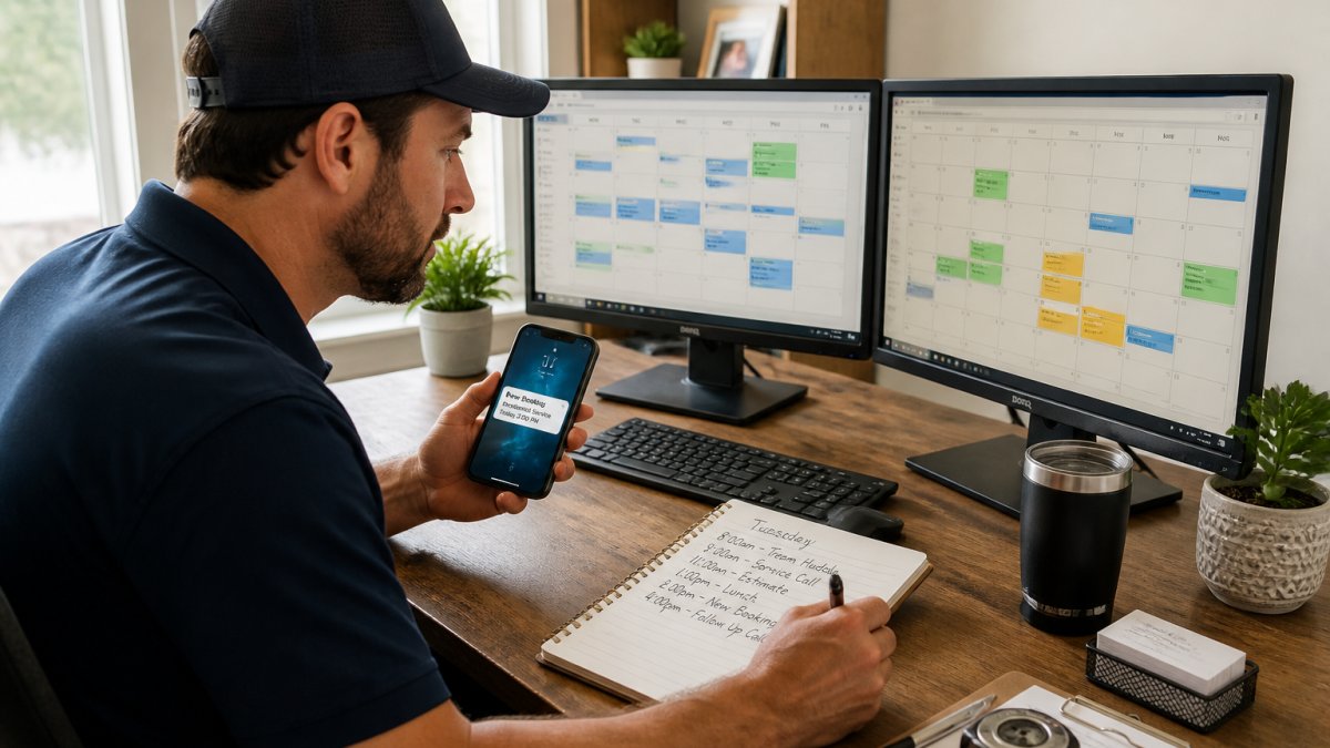 A service business owner at a desk with two monitors showing calendar apps side by side, a smartphone displaying a booking notification, and a notepad with handwritten schedule notes, in a bright home office setting