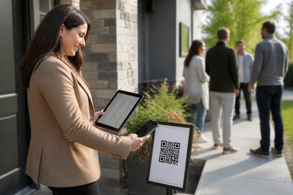 Real estate agent at open house entrance reviewing visitor information on tablet while scanning QR code, modern residential setting with natural afternoon light