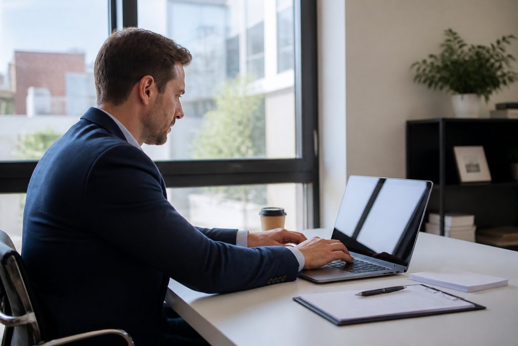 Real estate professional reviewing lead information and CRM dashboard on laptop screen in modern office environment, morning light through windows