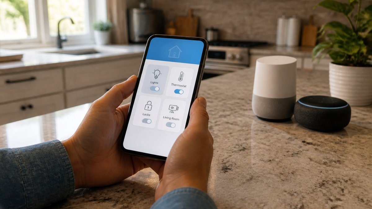 Person's hands holding a smartphone displaying a unified smart home dashboard with multiple device tiles showing lights, thermostat, and locks, sitting on a kitchen counter with smart speakers visible in the background