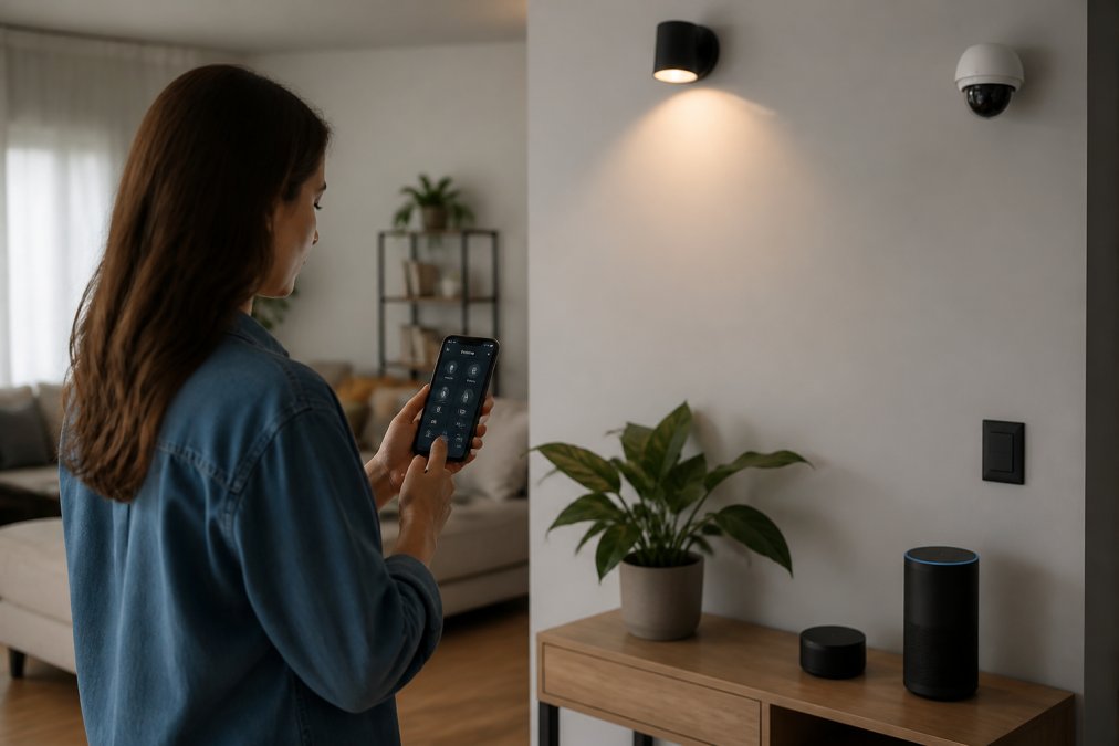 Homeowner holding a smartphone with a smart home app open, standing in a modern living room with visible smart speakers, security cameras, and smart lights on the walls