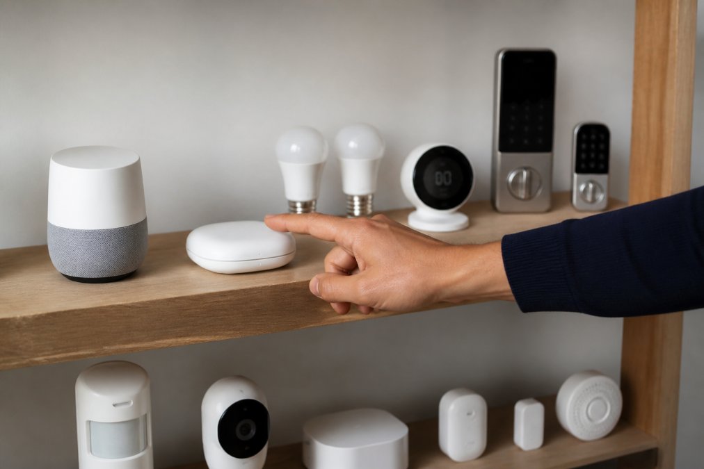 Close-up of a hand pointing to a smart hub device on a shelf surrounded by various connected devices like smart bulbs, thermostats, and door locks