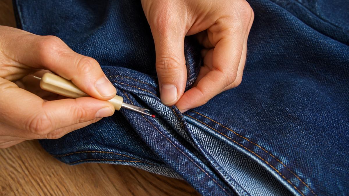 Step-by-step process of unpicking a denim inseam with a seam ripper to widen the thigh area