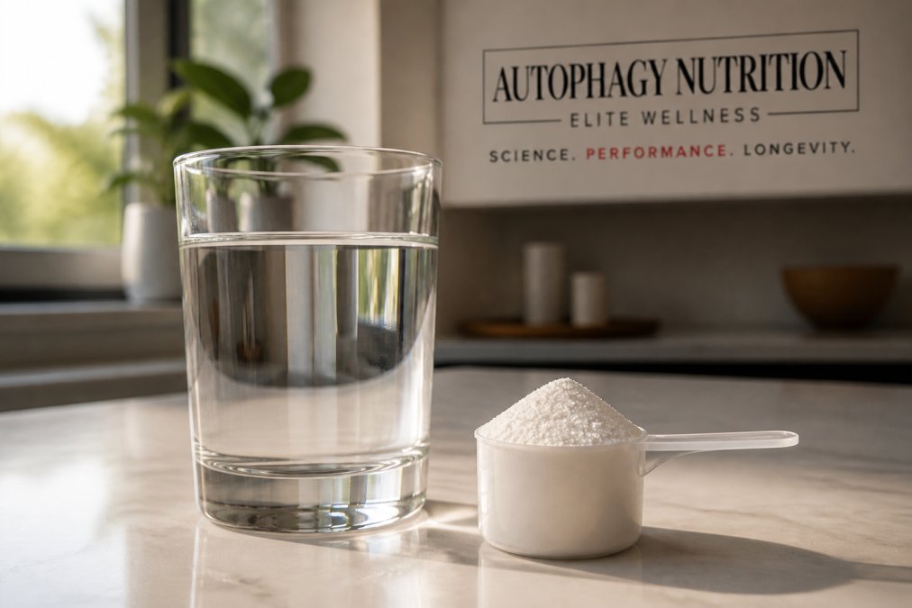 A close-up of a glass of water with a scoop of white creatine powder beside it on a clean kitchen counter, with natural morning light and a small plant in the background, conveying a calm daily wellness routine