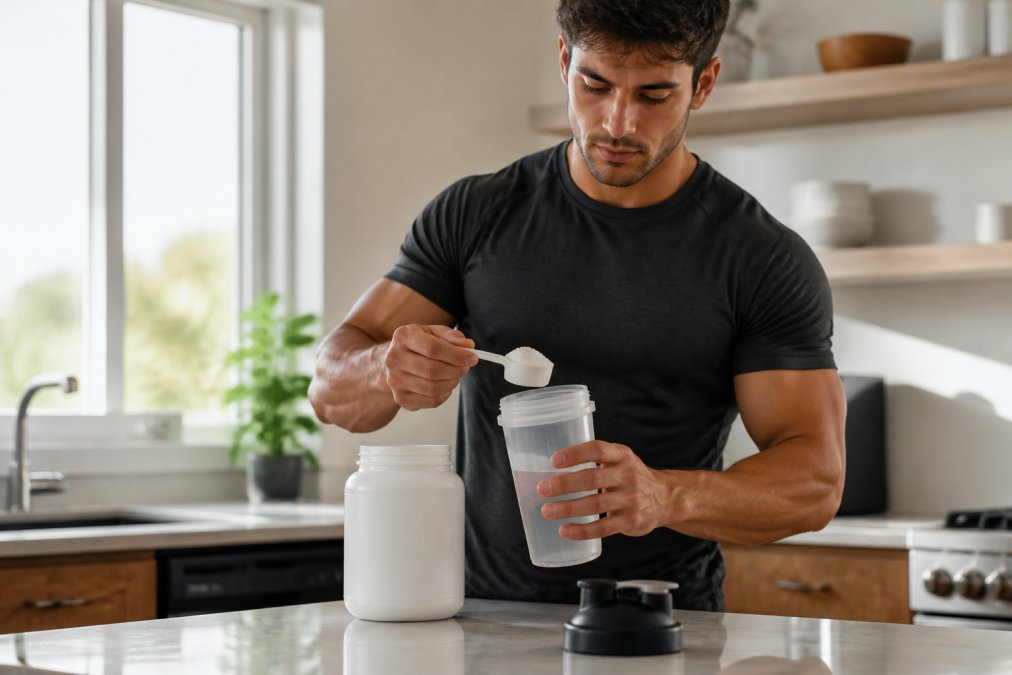 Athletic person in a bright kitchen scooping white creatine powder from a tub into a clear shaker bottle filled with water, natural morning light through a window