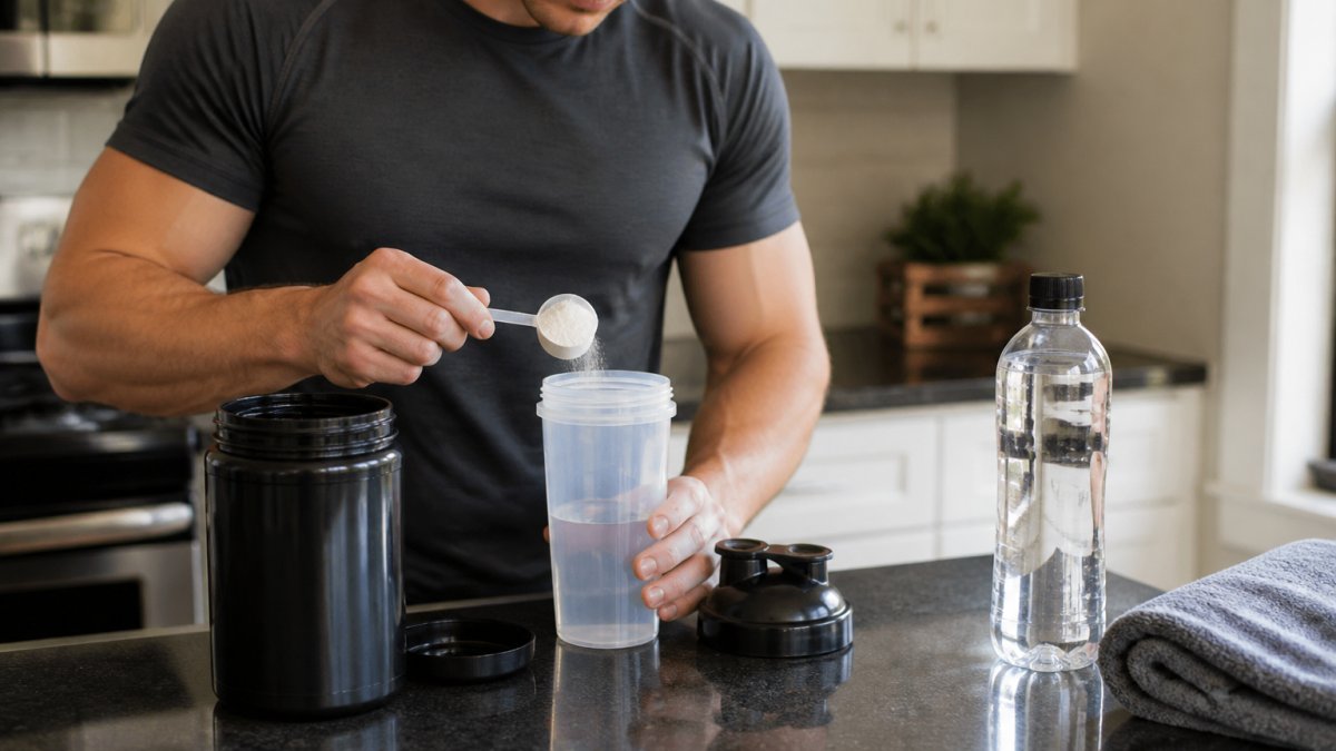 A person in athletic clothing scooping pre-workout powder into a shaker bottle on a kitchen counter, with a water bottle and towel nearby