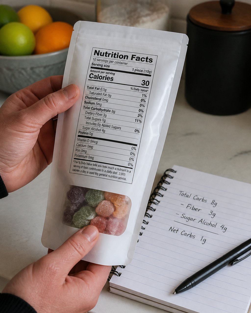 Close-up of hands holding a THC edible package with a nutrition facts label clearly visible, set on a kitchen counter with a notepad and pen nearby for calculating net carbs