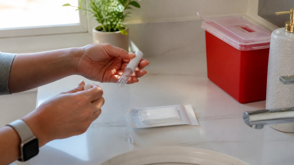 Hands preparing a single-dose pen for tirzepatide injections on a clean bathroom counter near a sharps container.