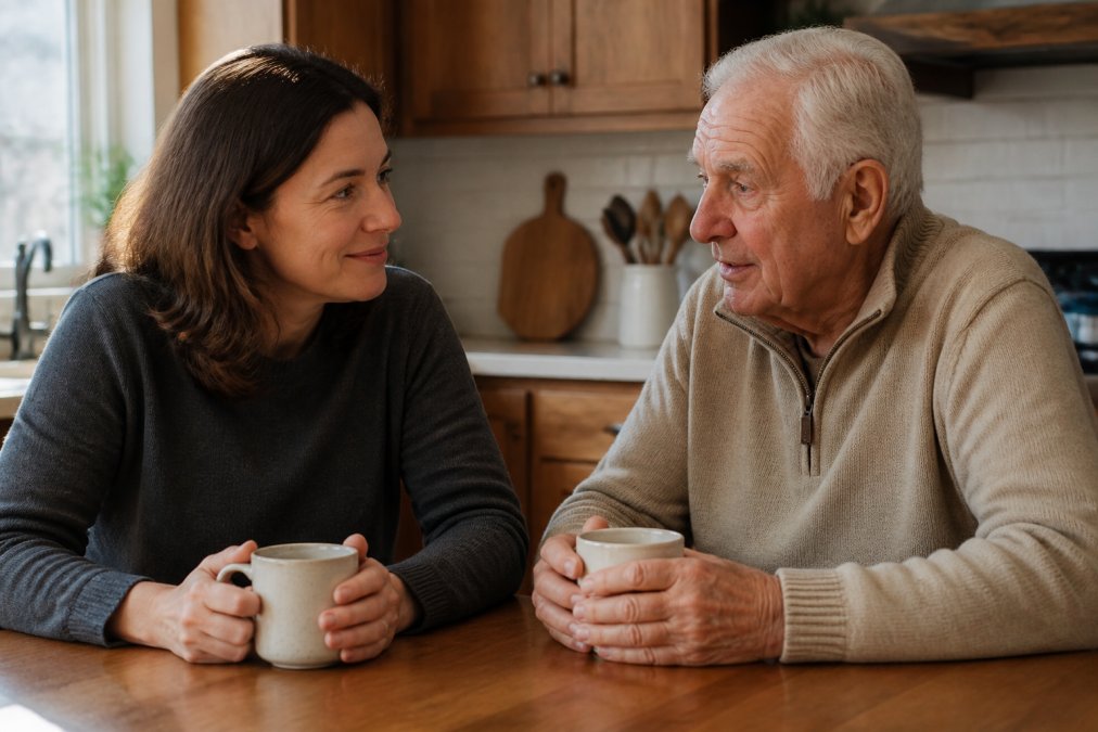 An adult child sitting at a kitchen table with an elderly parent, both holding coffee mugs, engaged in a gentle and caring conversation in soft morning light