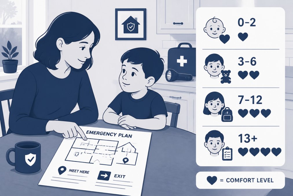 Parent and young child sitting together at a kitchen table, calmly discussing safety with a printed emergency plan visible, warm natural lighting
