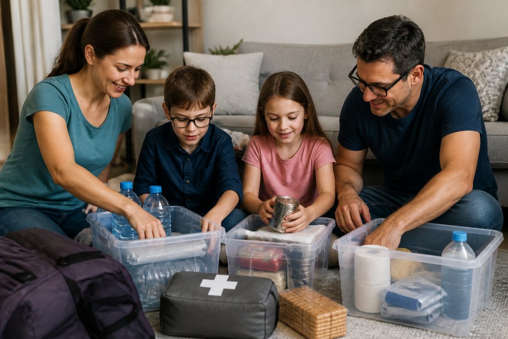 Family of four assembling a survival kit together in their living room, organizing supplies in clear containers, smiling and engaged