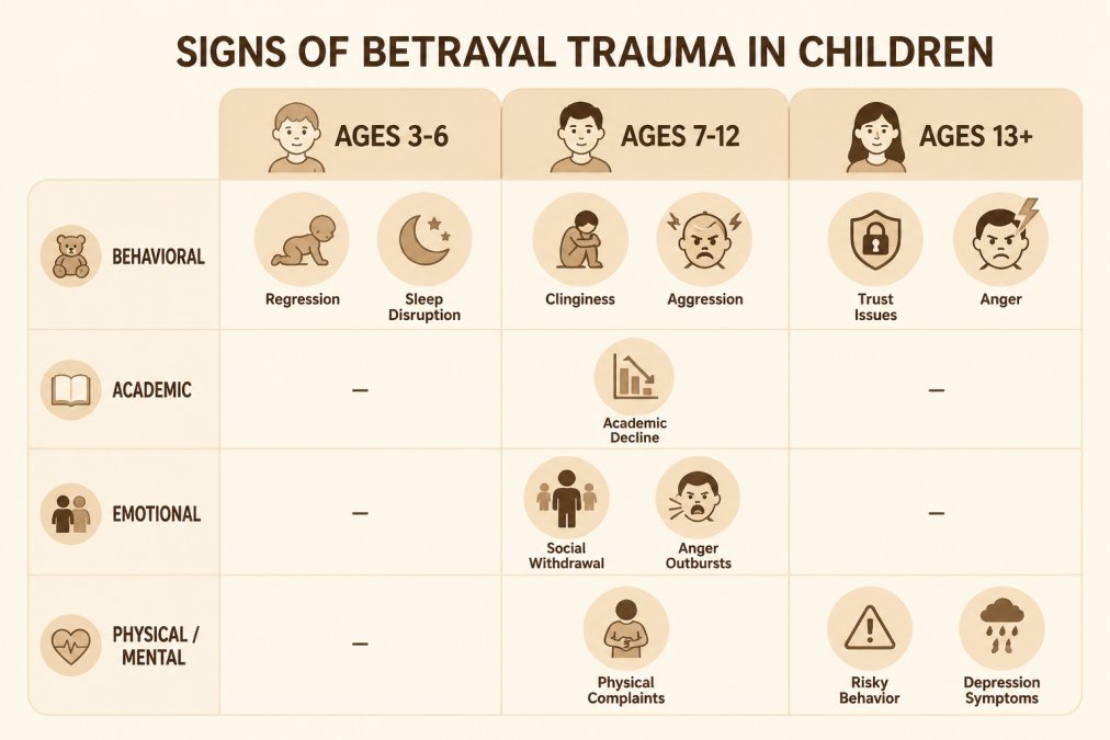 Matrix showing behavioral and emotional signs of betrayal trauma by age group: Ages 3-6 (regression, sleep disruption, clinginess, aggression), Ages 7-12 (academic decline, social withdrawal, anger outbursts, physical complaints), Ages 13+ (trust issues, anger, risky behavior, depression symptoms)