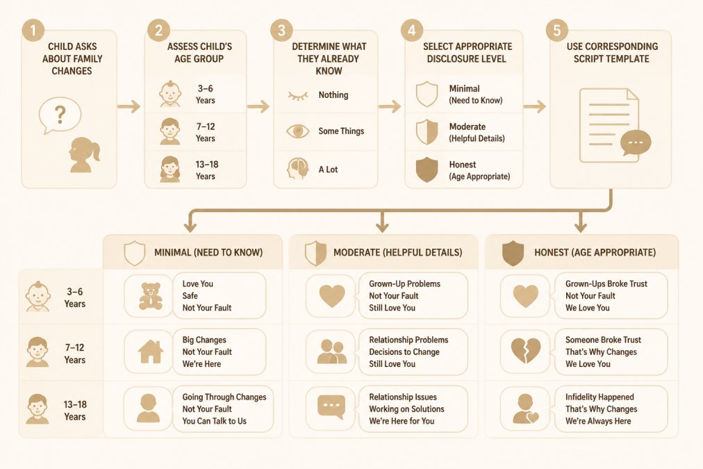 Flowchart showing decision tree: Child asks about family changes → Assess child's age group → Determine what they already know → Select appropriate disclosure level (minimal, moderate, honest) → Use corresponding script template with key phrases for each age group