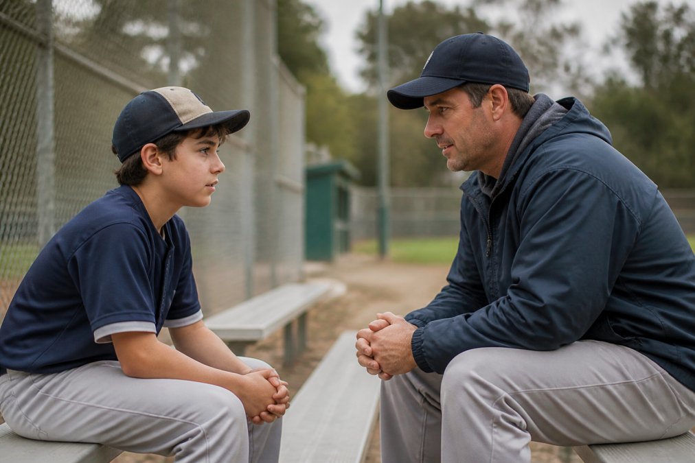 Coach and young athlete having calm, respectful conversation on sideline, both facing each other with open body language and relaxed postures