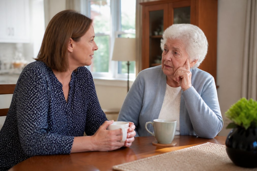 Adult child and elderly parent sitting together in a comfortable home setting, having a calm, attentive conversation with tea or coffee nearby, natural afternoon lighting