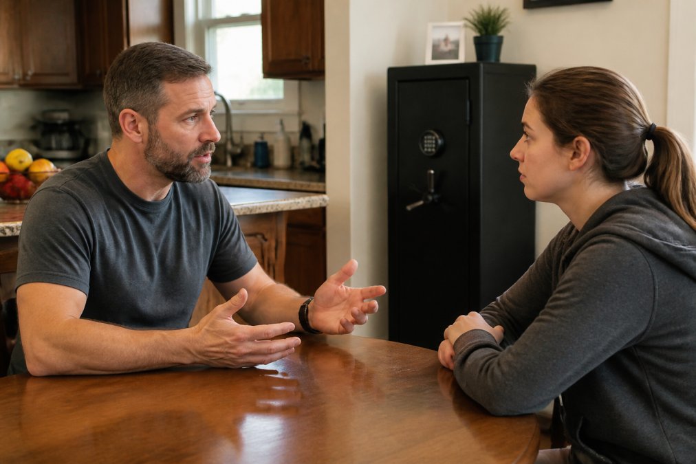 A responsible gun owner sitting at a kitchen table with a family member, both engaged in a calm, respectful conversation, with a locked gun safe visible in the background of a tidy home