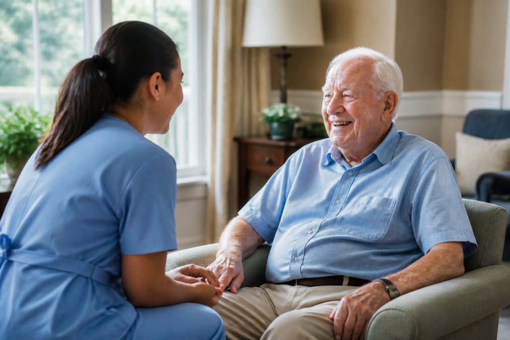 Elderly man smiling and engaged in warm conversation with a compassionate caregiver in a well-lit, welcoming senior living community common area with comfortable furniture and natural light