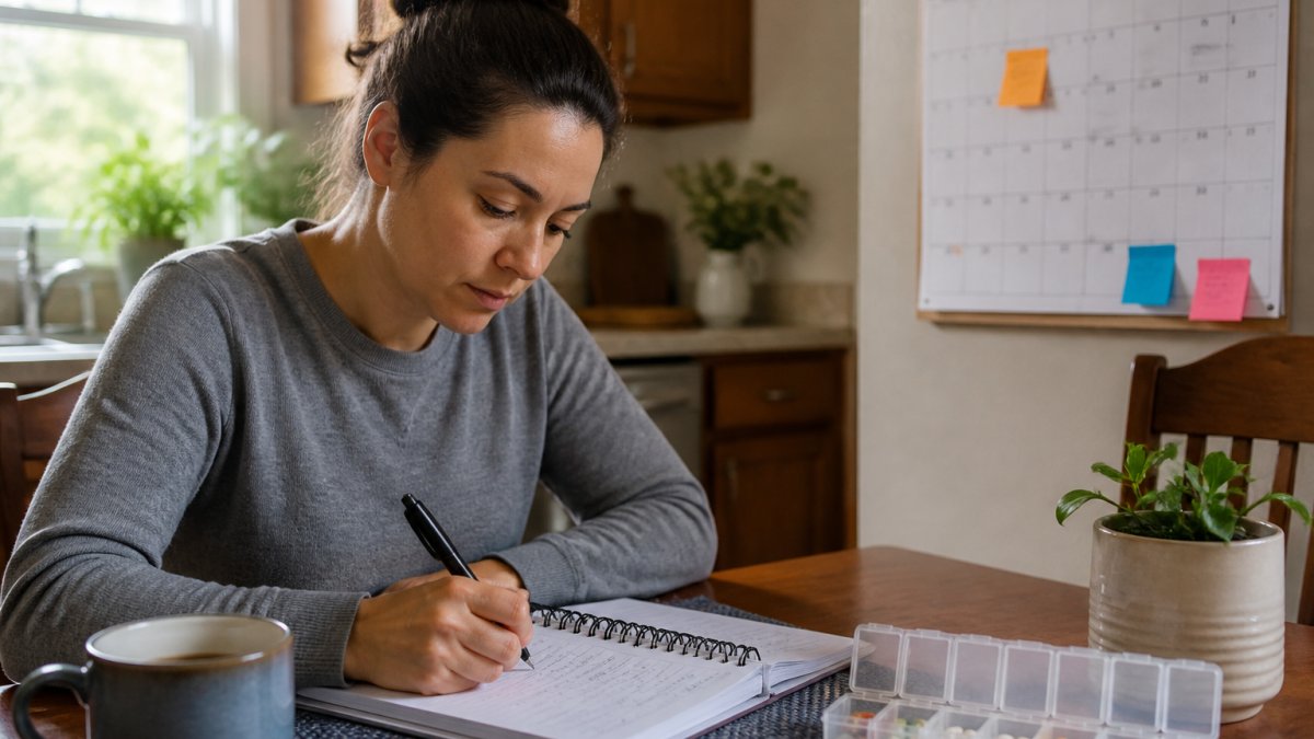 A patient sitting at a kitchen table with a notebook and pen, writing down symptoms and medication side effects before a doctor's appointment, with a pill organizer and a wall calendar visible nearby in soft morning light
