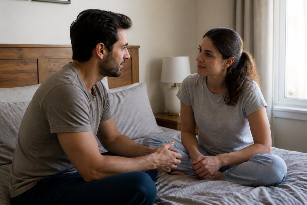 Couple sitting on a couch facing each other in a calm, private bedroom setting with soft natural lighting, having an open conversation with relaxed body language and genuine eye contact