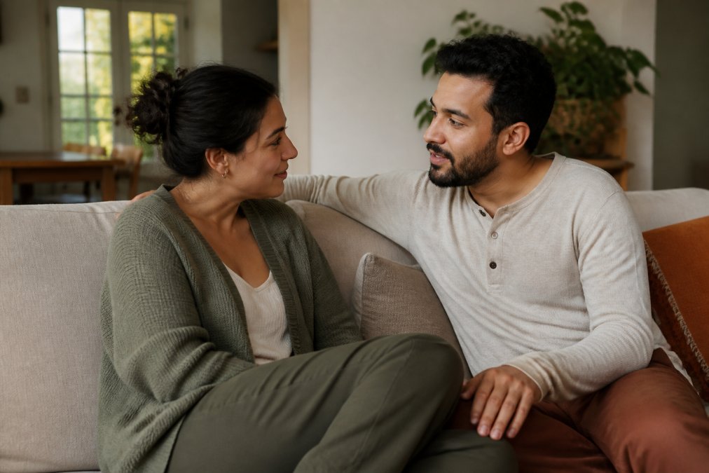 A couple sitting close together on a couch in a calm, warm living room, making eye contact with relaxed body language and genuine connection