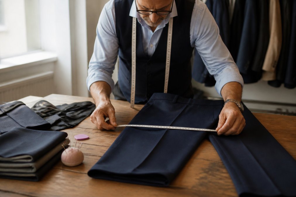 A tailor's hands smoothing a pair of navy suit pants flat on a wooden table, measuring tape stretched across the hem, chalk and pins within reach, soft daylight from a side window