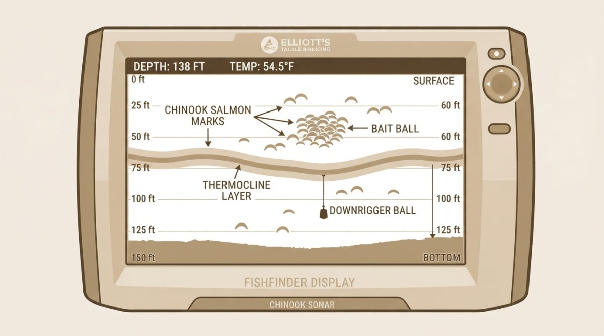 Close-up of a fishfinder display screen showing sonar returns with fish marks clustered near a distinct thermocline layer, depth reading 85 feet, temperature gradient visible