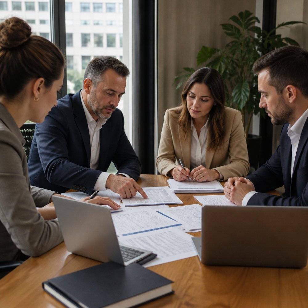 Professional sales team members collaborating around a table with laptops and printed target account lists, reviewing strategy documents and stakeholder maps with focused attention