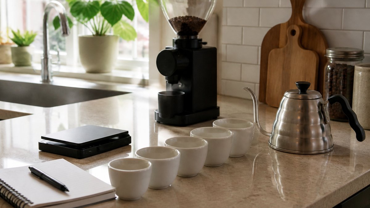 A home kitchen counter set up for coffee tasting: several identical white ceramic cups arranged in a row, a digital scale, a gooseneck kettle, a burr grinder, and a notebook with a pen, natural morning light