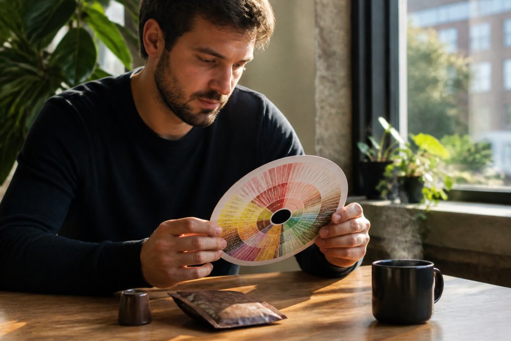 Person holding a coffee flavor wheel reference guide next to a steaming cup of coffee, studying the descriptors with focused attention in natural morning light