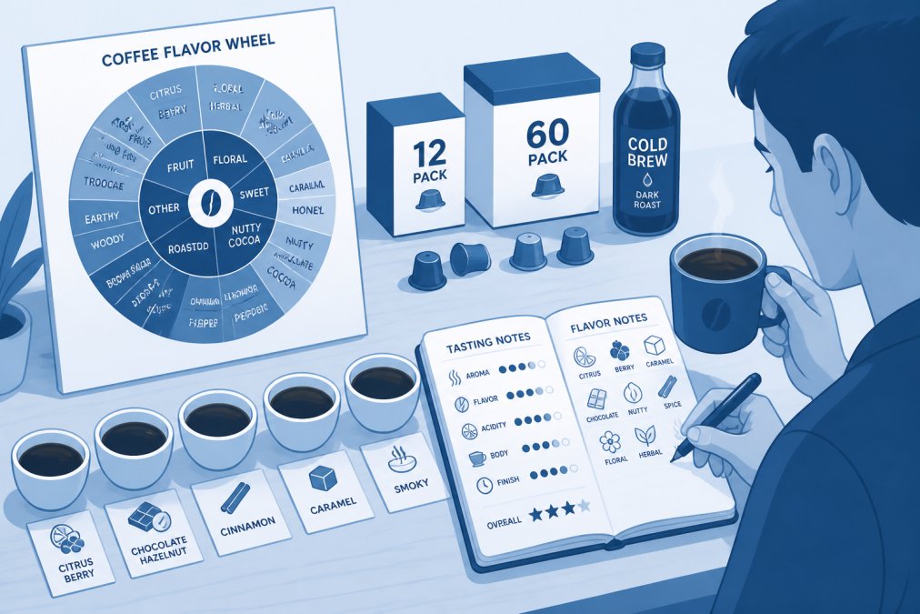 Person writing detailed tasting notes in a coffee journal while holding a warm cup, with a coffee flavor wheel reference guide and several coffee samples arranged on a wooden table in soft natural light