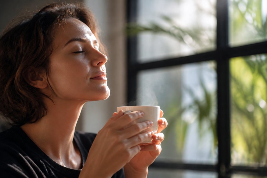 Person with eyes closed, face tilted slightly upward, inhaling deeply from a steaming white coffee cup in natural morning light, demonstrating focused sensory attention and olfactory awareness