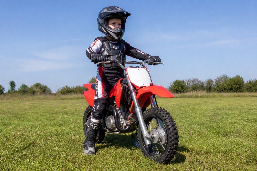 A young rider in full protective gear sitting on a 50cc dirt bike with feet planted on the ground, demonstrating proper body positioning with hands on handlebars and knees slightly bent, in a wide open grass practice area with clear sky