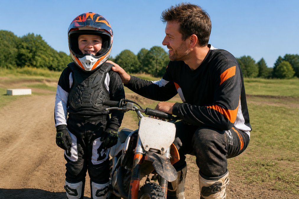 A smiling 5-year-old rider wearing a bright helmet and full protective gear standing beside their 50cc dirt bike with a parent's hand on their shoulder, in a sunny outdoor practice area with flat grass and clear space