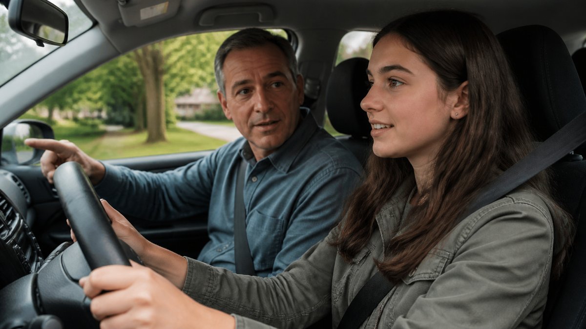 A parent helping to teach nervous teen driver by staying calm and focused while driving together in a car.