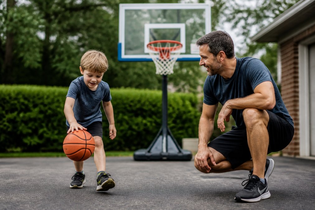 A parent encourages a young child practicing basketball fundamentals by dribbling on a driveway near a lowered hoop.