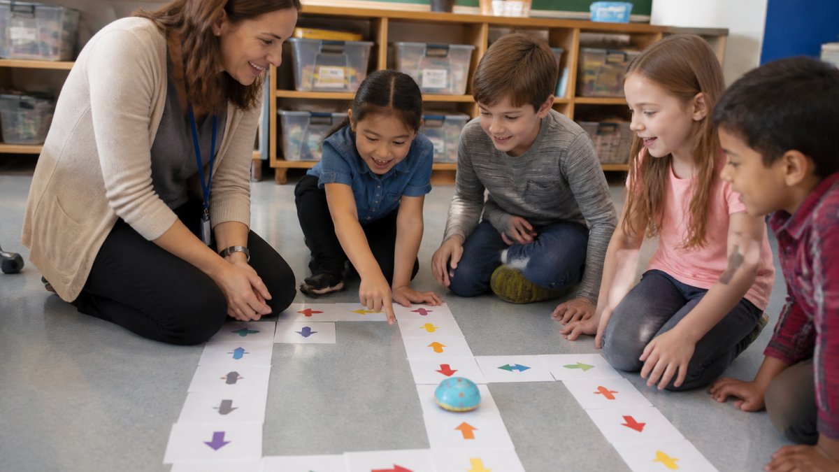 A teacher kneeling beside a small group of elementary students working with paper coding cards and arrows on a classroom floor, children pointing and smiling as they trace a path