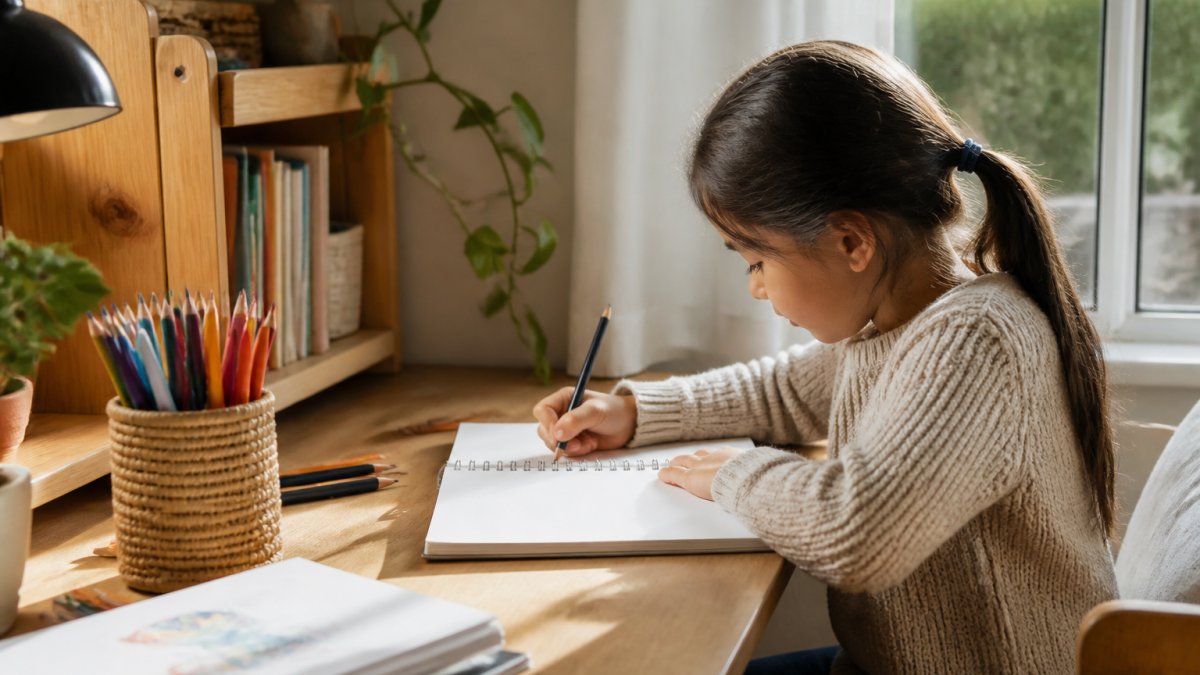 Child sitting at a cozy home desk with colored pencils in a cup, open notebook, and natural light streaming through a nearby window, warm and inviting writing space