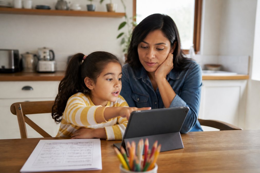 Infographic showing a step-by-step process to build critical thinking skills through guided tablet play and activities.