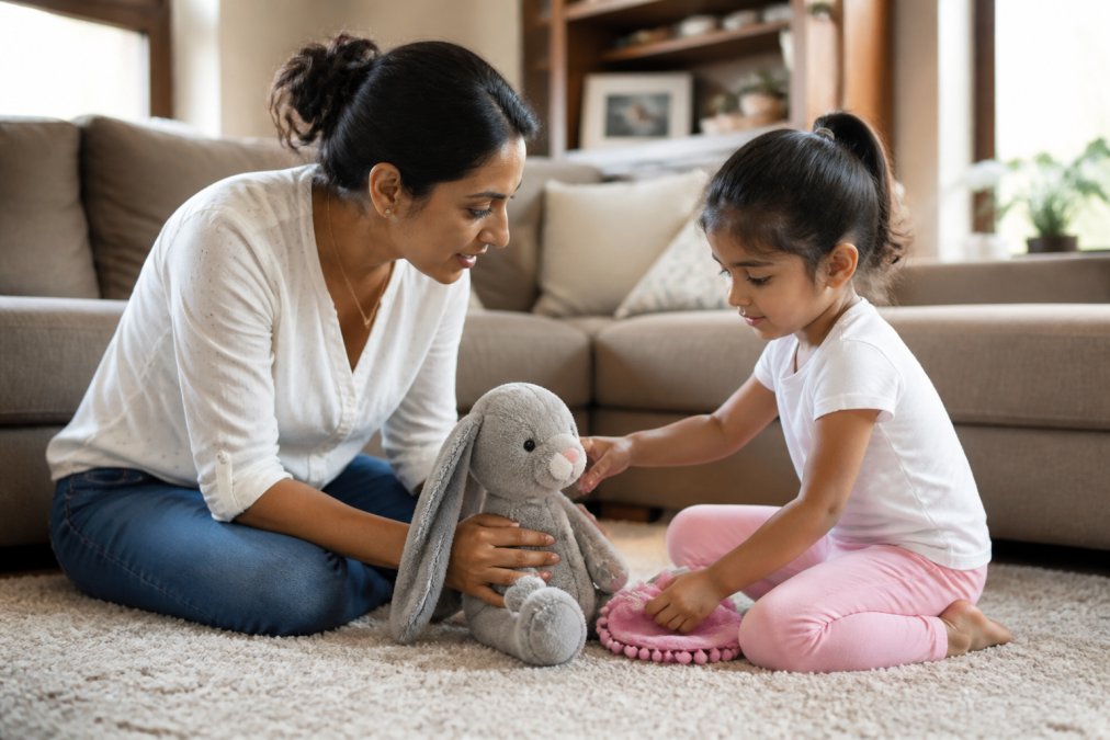A parent and preschooler sitting on a living room floor with a plush toy, acting out a pretend play scene where the toy feels sad and the child offers comfort