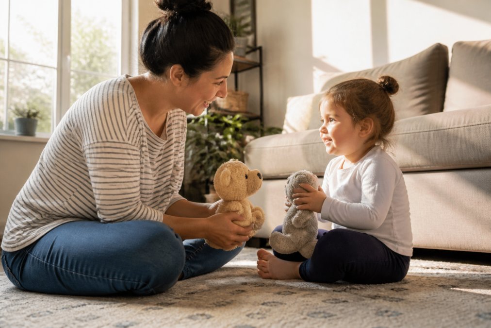 Parent and toddler engaged in pretend play with stuffed animals on a living room floor, warm natural light coming through a window, showing warm interaction and emotional connection during a role-playing activity