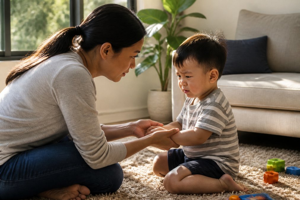 A parent kneeling to eye level with a toddler on a living room rug, gently holding the child's hands while the child's face shows a mix of frustration and concentration, warm afternoon light through a window