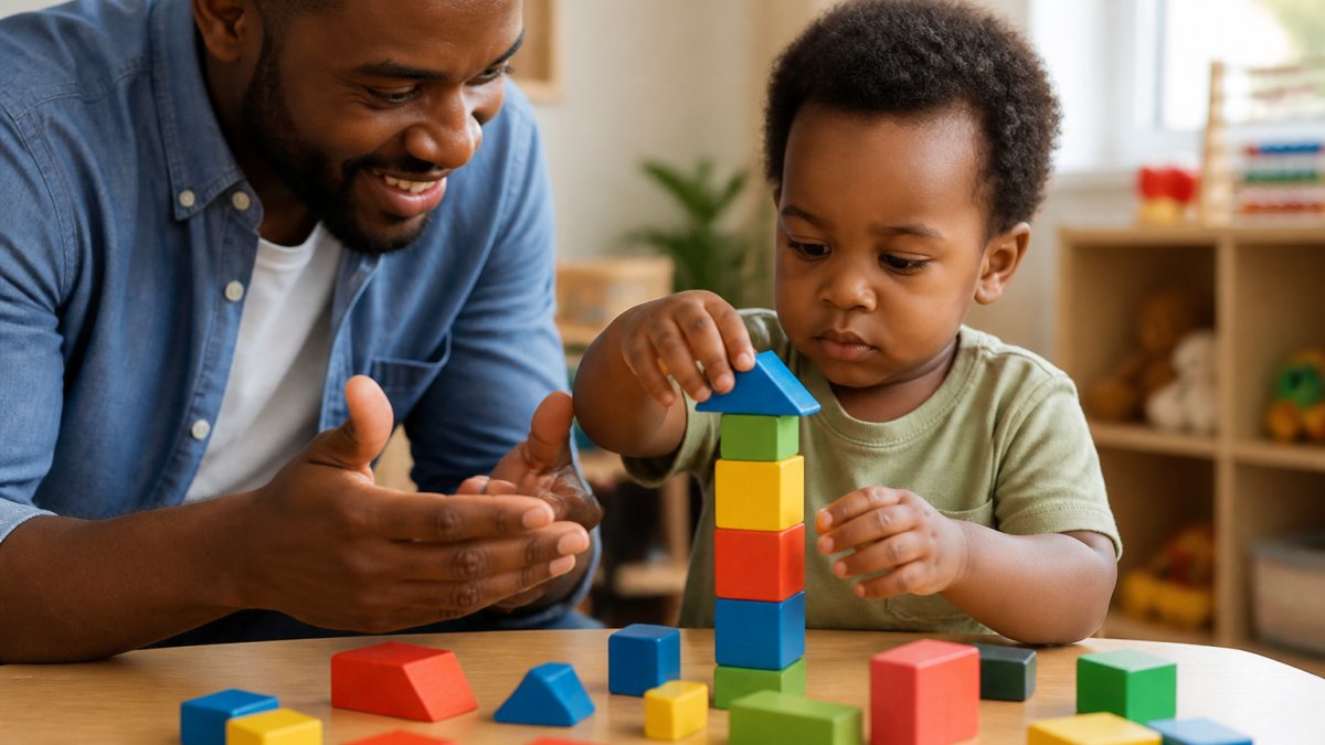 A toddler sitting at a low table concentrating on stacking colourful wooden blocks, with an adult's hands nearby offering gentle support and encouragement